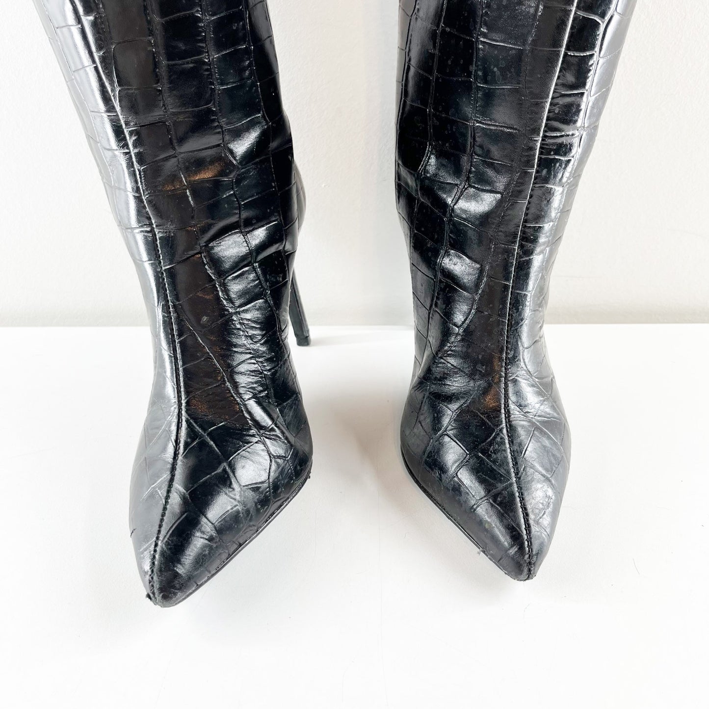 Shutz Maryana Knee High Croc Embossed Stiletto Heel Boots Black 6