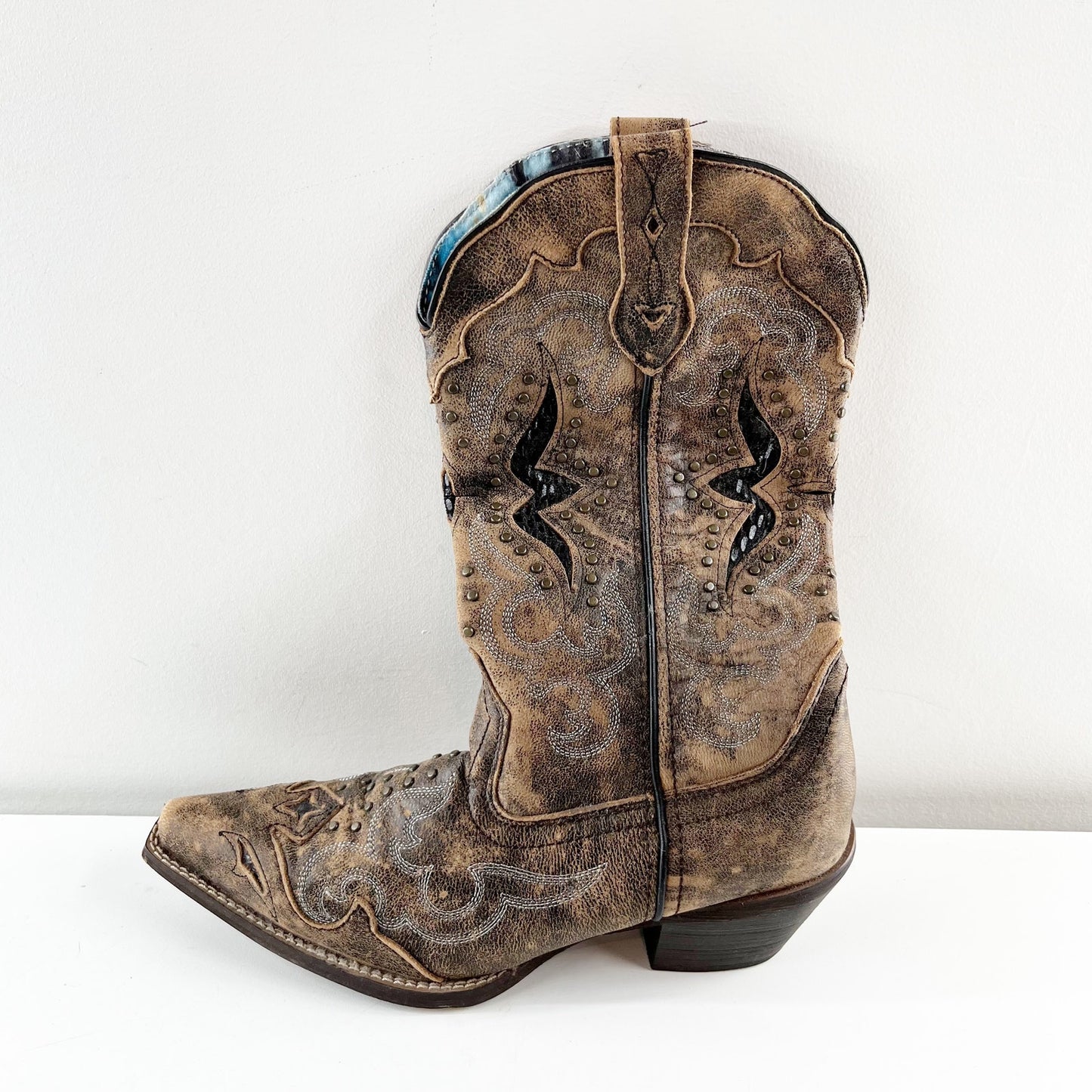 Laredo Lucretia Studded Snake Inlay Snip Toe Western Boots Brown 6.5