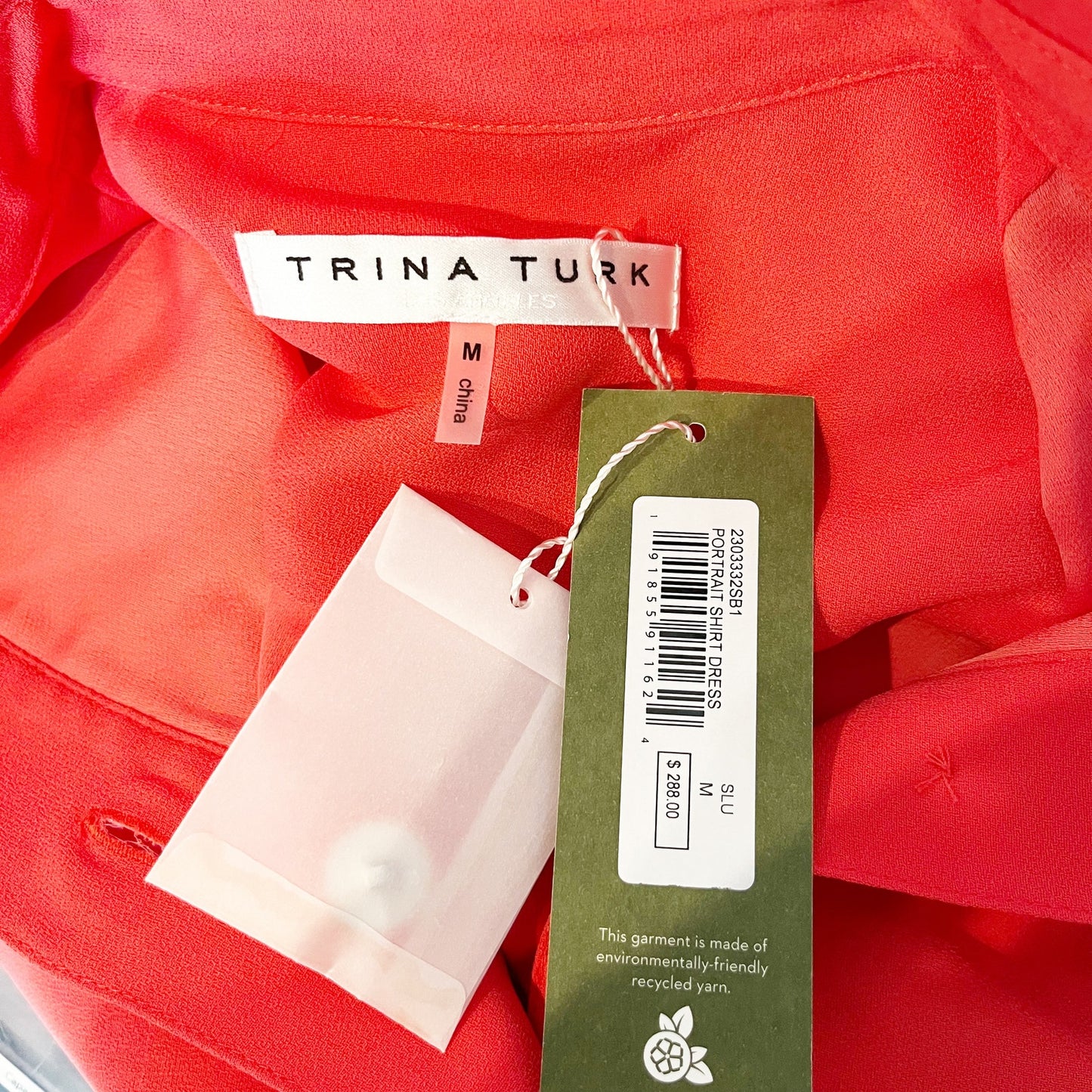 Trina Turk Portrait Button Front Roll Tab Sleeve Mini Shirt Dress Coral Red