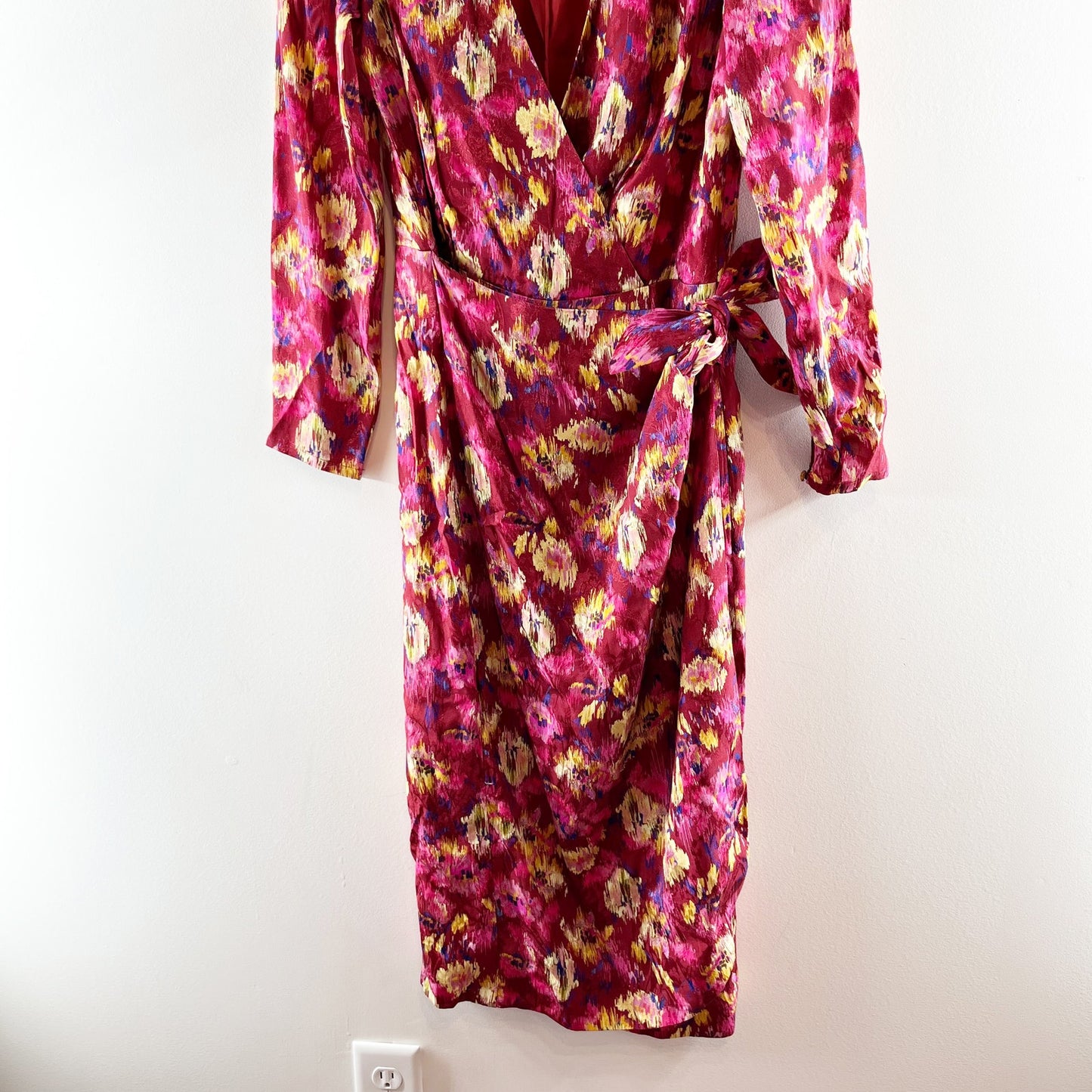 Sezane Long Sleeve V Neck Floral Wrap Midi Dress Pink Red 38 / US 6
