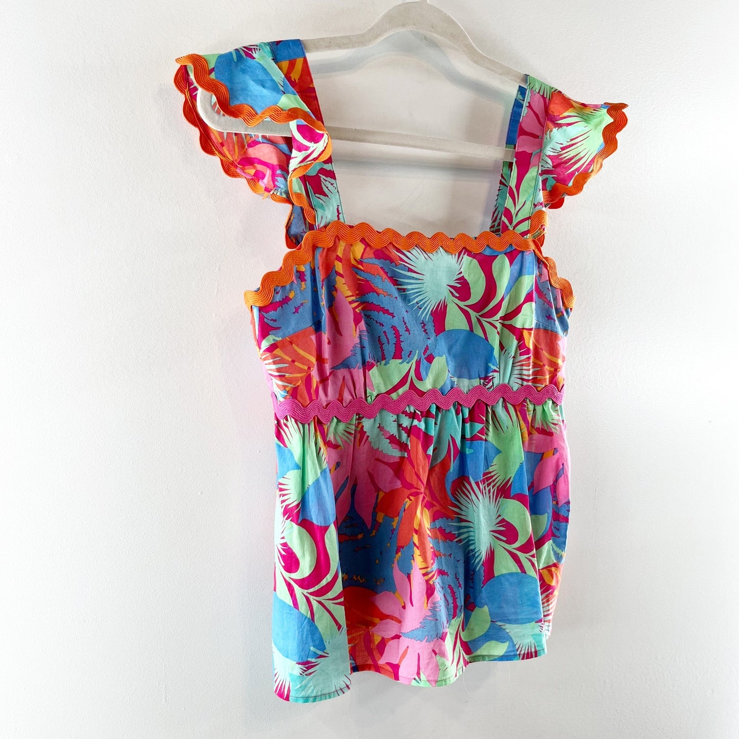 Greylin Skyler Ruffle Scallop Trim Babydoll Square Neck Tropical Top Pink Small