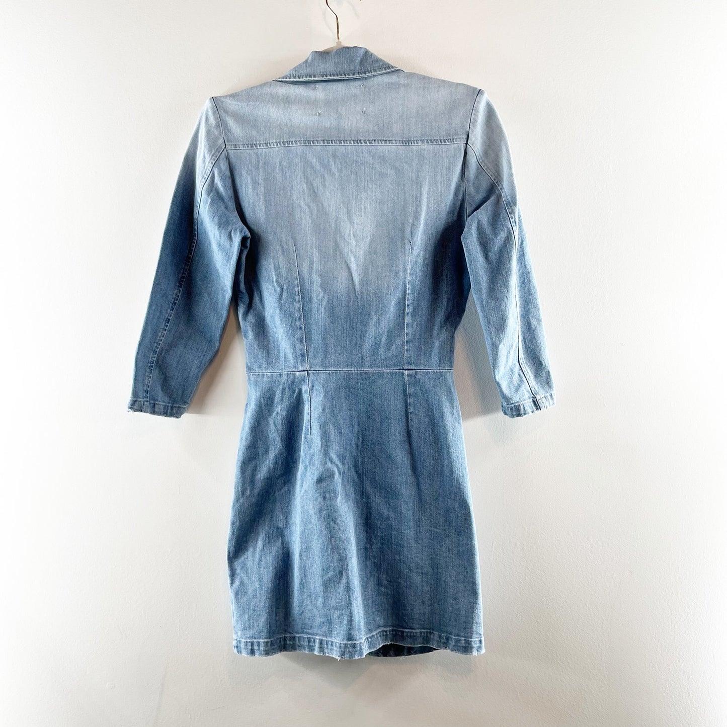 Retrofete Willa Long Sleeve Snap Button Light Wash Denim Mini Dress Blue Small