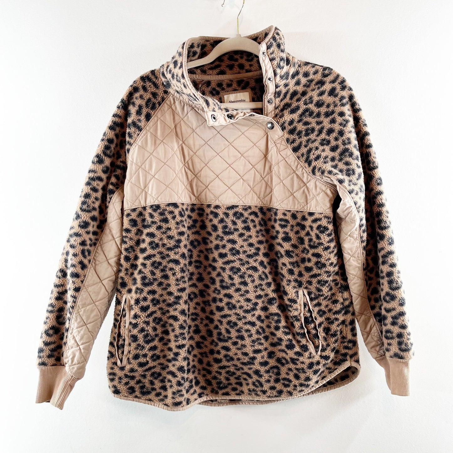 Abercrombie & Fitch Asymmetrical Snap-Up Leopard Print Fleece Sweater Brown L