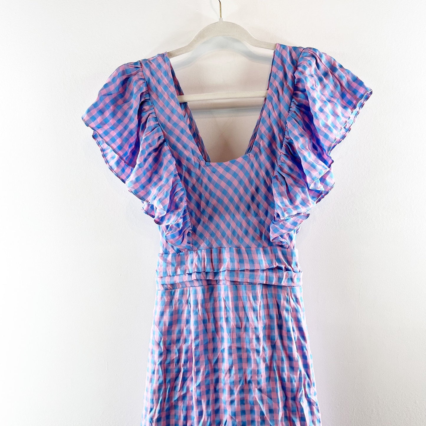 Entro Gingham Print Flutter Sleeve Square Neck Maxi Dress Purple Pink Medium
