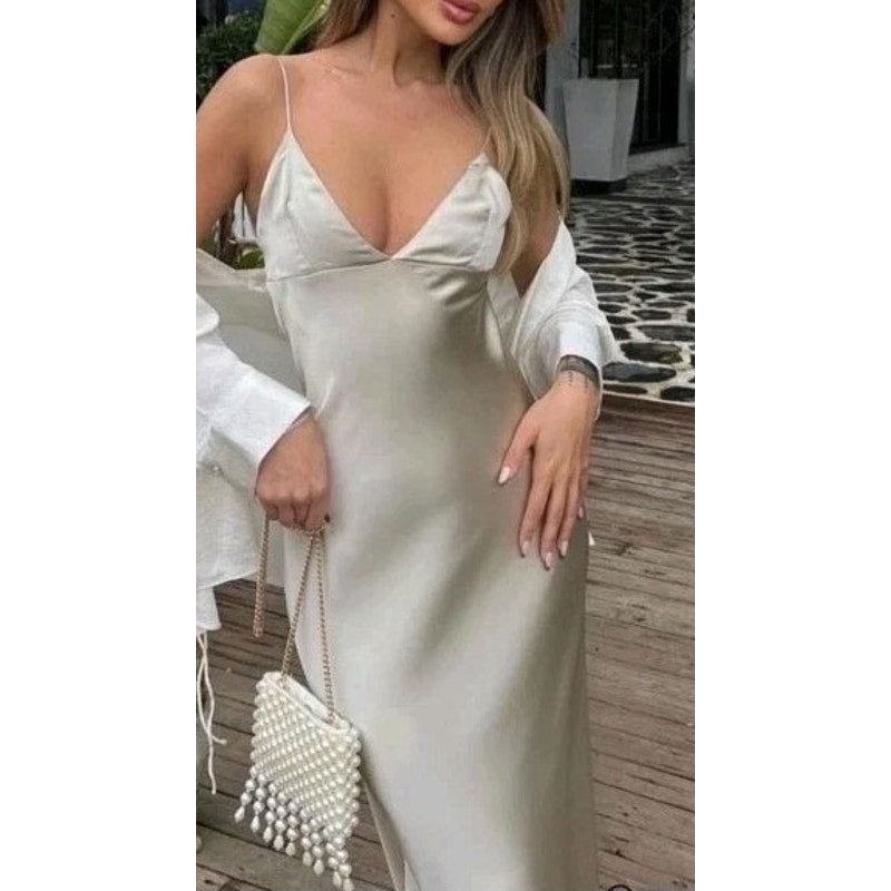 Zara Satin Sleeveless V-Neck Low Scoop Back Maxi Slip Dress Champagne Small