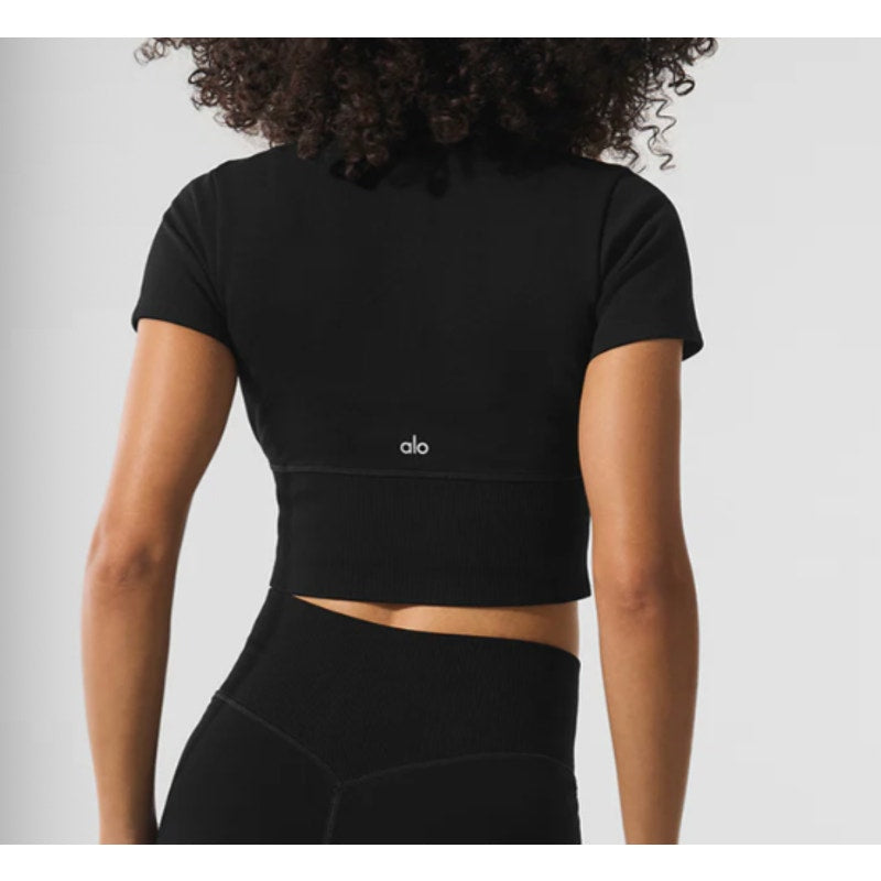 Alo Seamless Winter Warm Plush Cropped Short Sleeve Top Black XS