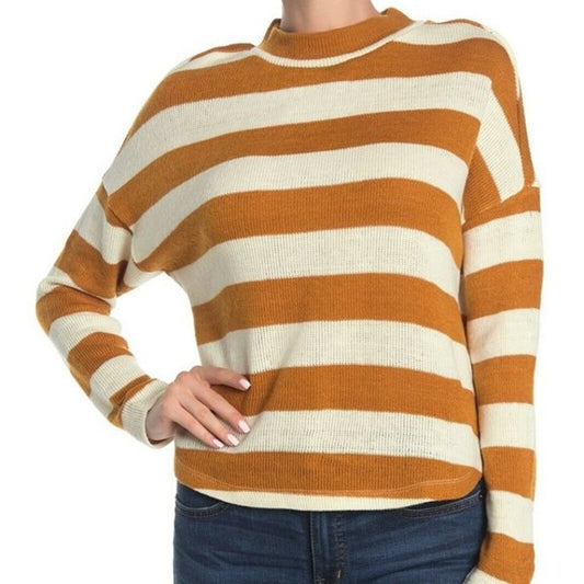 Socialite Striped Crewneck Ribbed Long Sleeve Sweater Gold White Medium