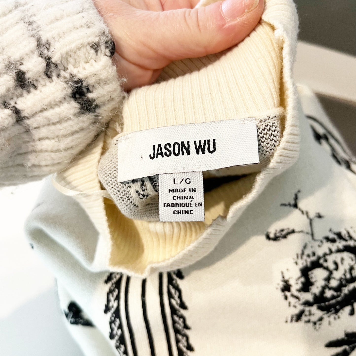 Jason Wu Long Balloon Sleeve Mock Neck Floral Printed Sweater Cream Large