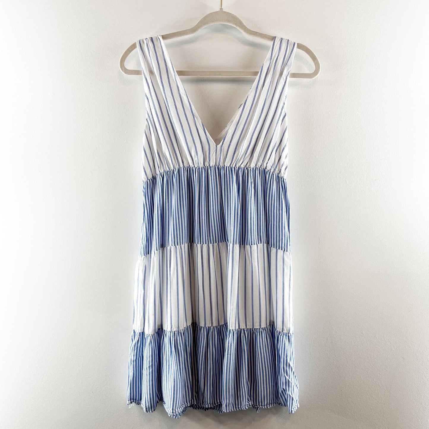 LOFT Striped Tiered Double V Swing Mini Dress Blue White XS
