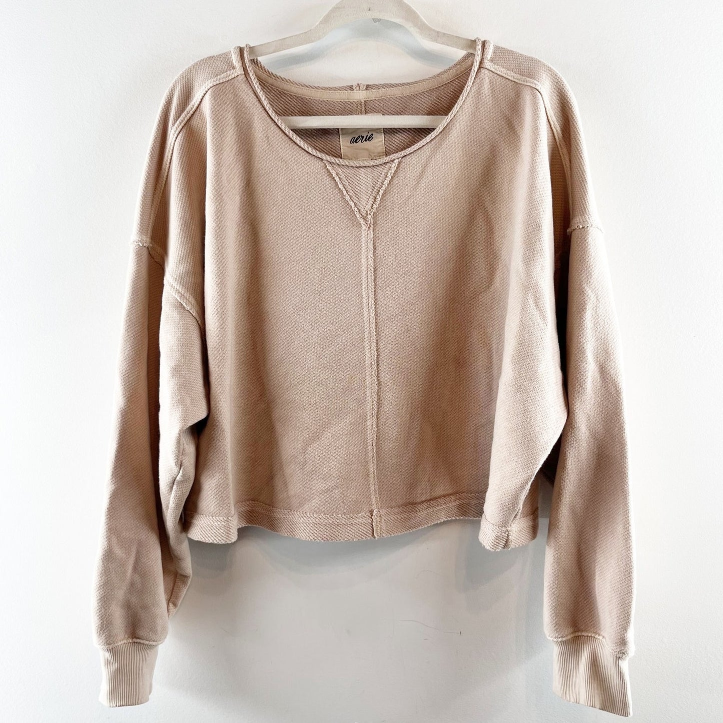 Aerie Beach Party Cropped Long Sleeve Crewneck Sweatshirt Top Tan Large