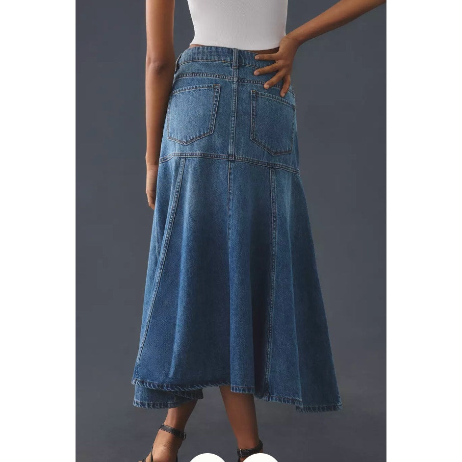 Mare Mare x Anthropologie Denim Flounce Midi Skirt Blue XS
