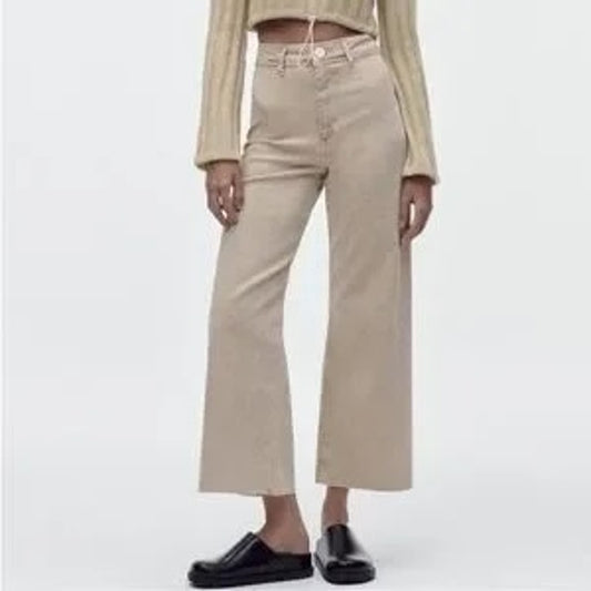 ZARA High Rise Marine Wide Leg Cropped Jeans Pants Tan Khaki 4