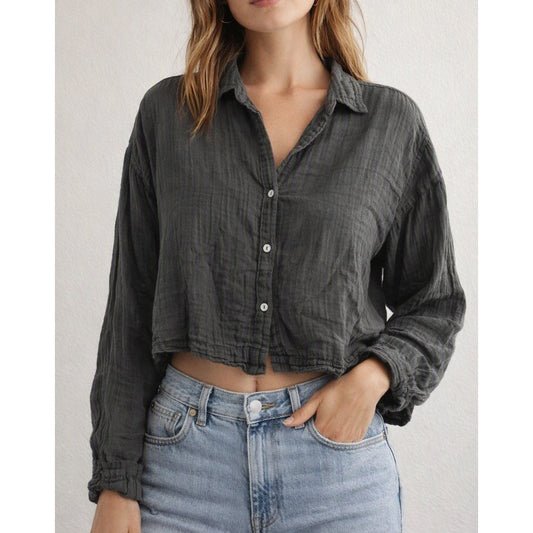 Velvet by Graham & Spencer Long Sleeve Crop Button-Down Shirt Dark Green Small