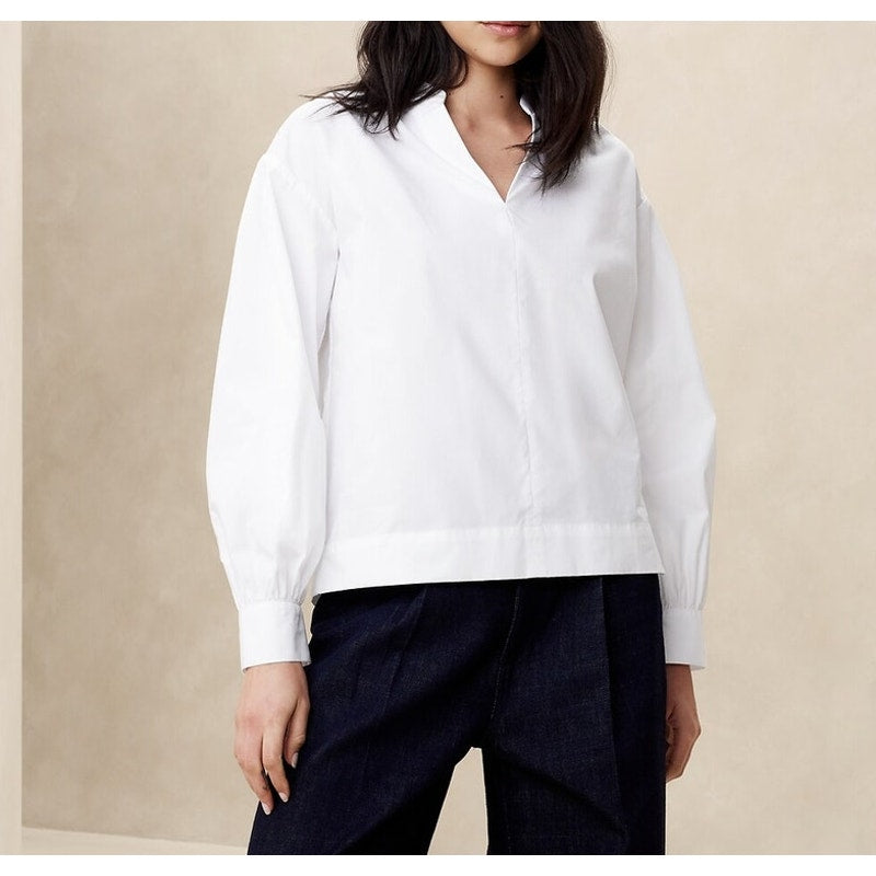 Banana Republic Banded Collar Poplin Long Sleeve Blouse Shirt White XS