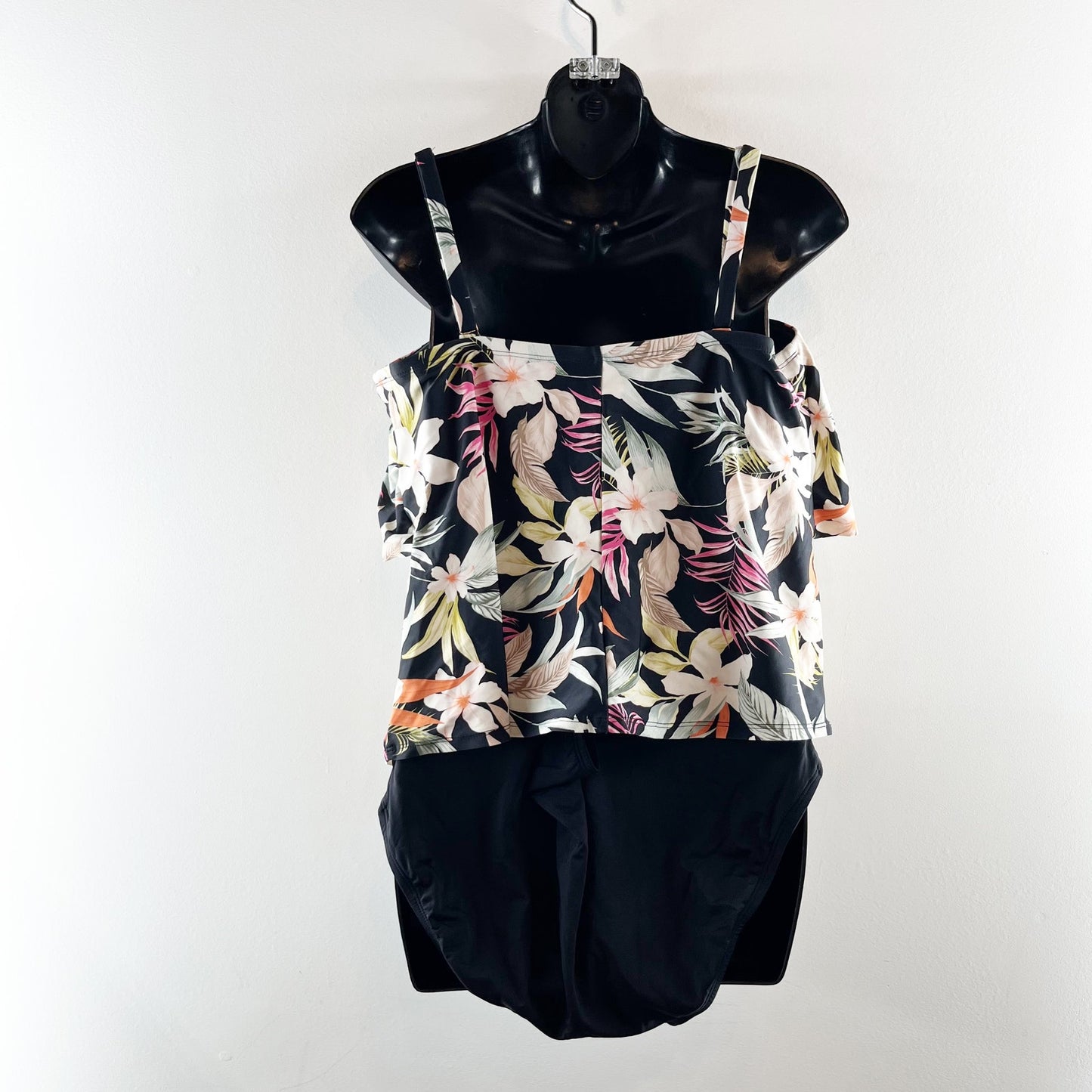 Kona Sol Ruffle Tankini Floral Tropical Print Two Piece Swimsuit Black XL