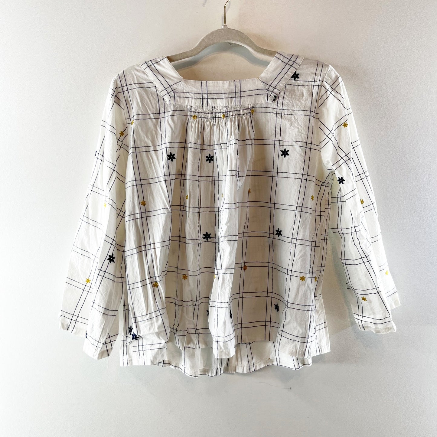 Madewell Embroidered Windowpane Square-Neck Button-Down Top Shirt White Wash M