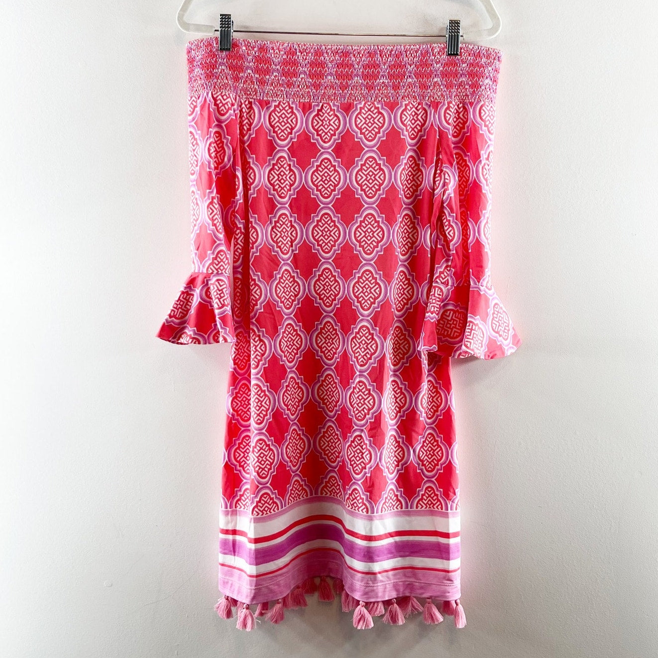 Cabana Life Geo Print 3/4 Sleeve Off Shoulder Tassel Hem Mini Dress Pink Medium