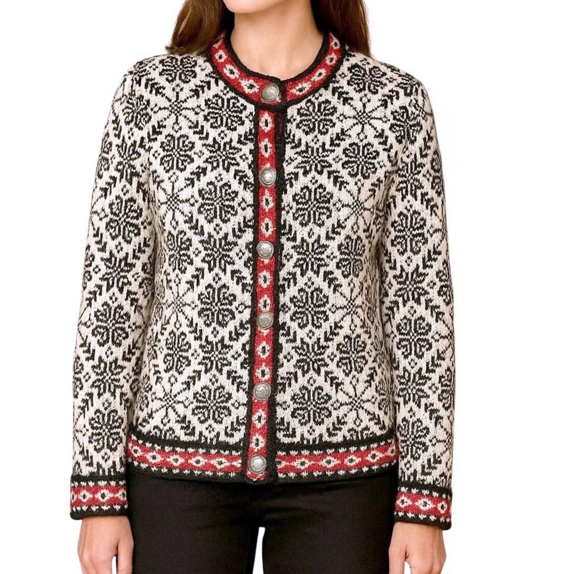 L.L Bean Fair Isle Long Sleeve Button Front Cardigan Sweater White Black Medium