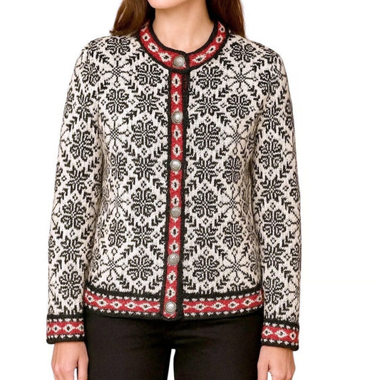 L.L Bean Fair Isle Long Sleeve Button Front Cardigan Sweater White Black Medium