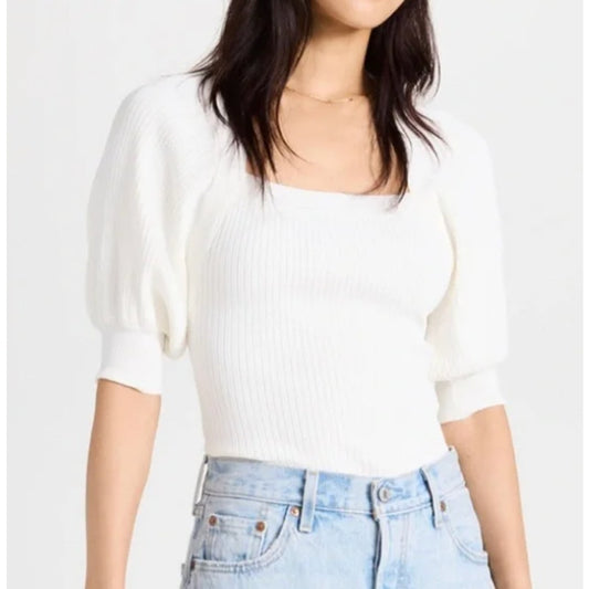 Paige Eponine Square Neck Ribbed Sweater Elbow Puff Sleeve Top White XS