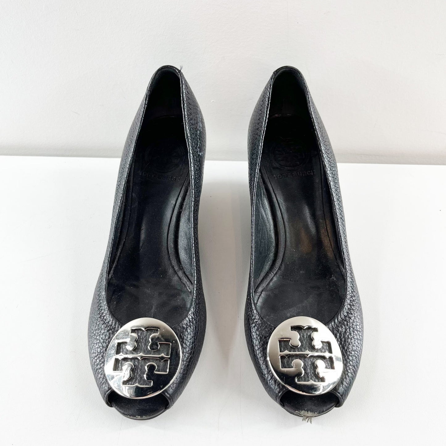 Tory Burch Sally Peep Toe Leather Wedge Pumps Shoes Black 6.5