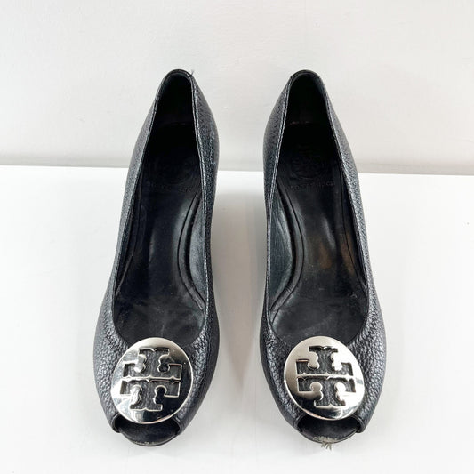Tory Burch Sally Peep Toe Leather Wedge Pumps Shoes Black 6.5