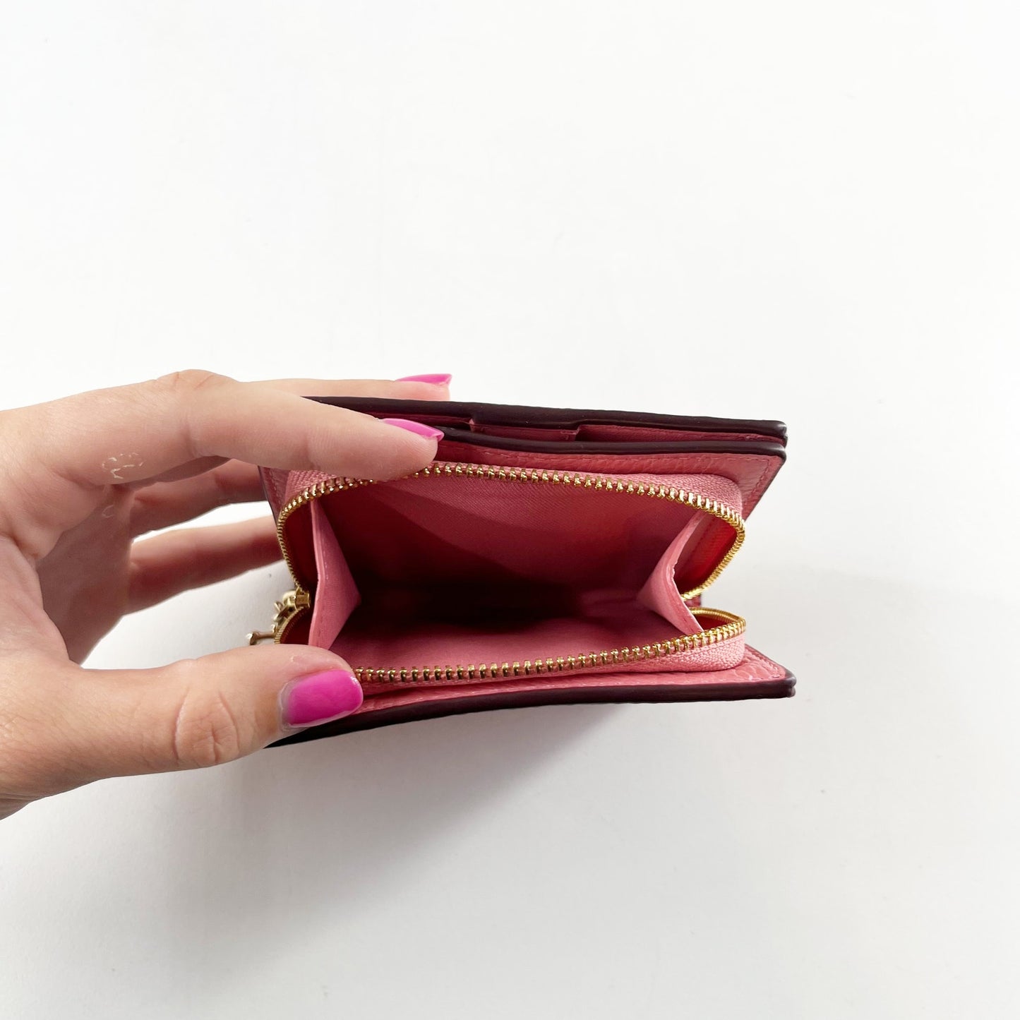 Coach Pebbled Leather Small Corner Zip Bi-Fold Wallet Pink