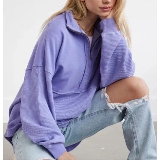 American Eagle Oversized 1/2 Zip Waffle Pullover Sweatshirt Purple XS