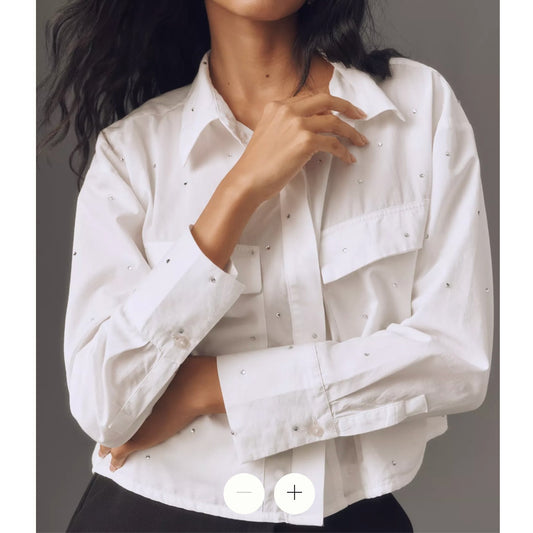 Maeve Anthropologie Patch Pocket Rhinestone Studded Crop Buttondown Shirt White