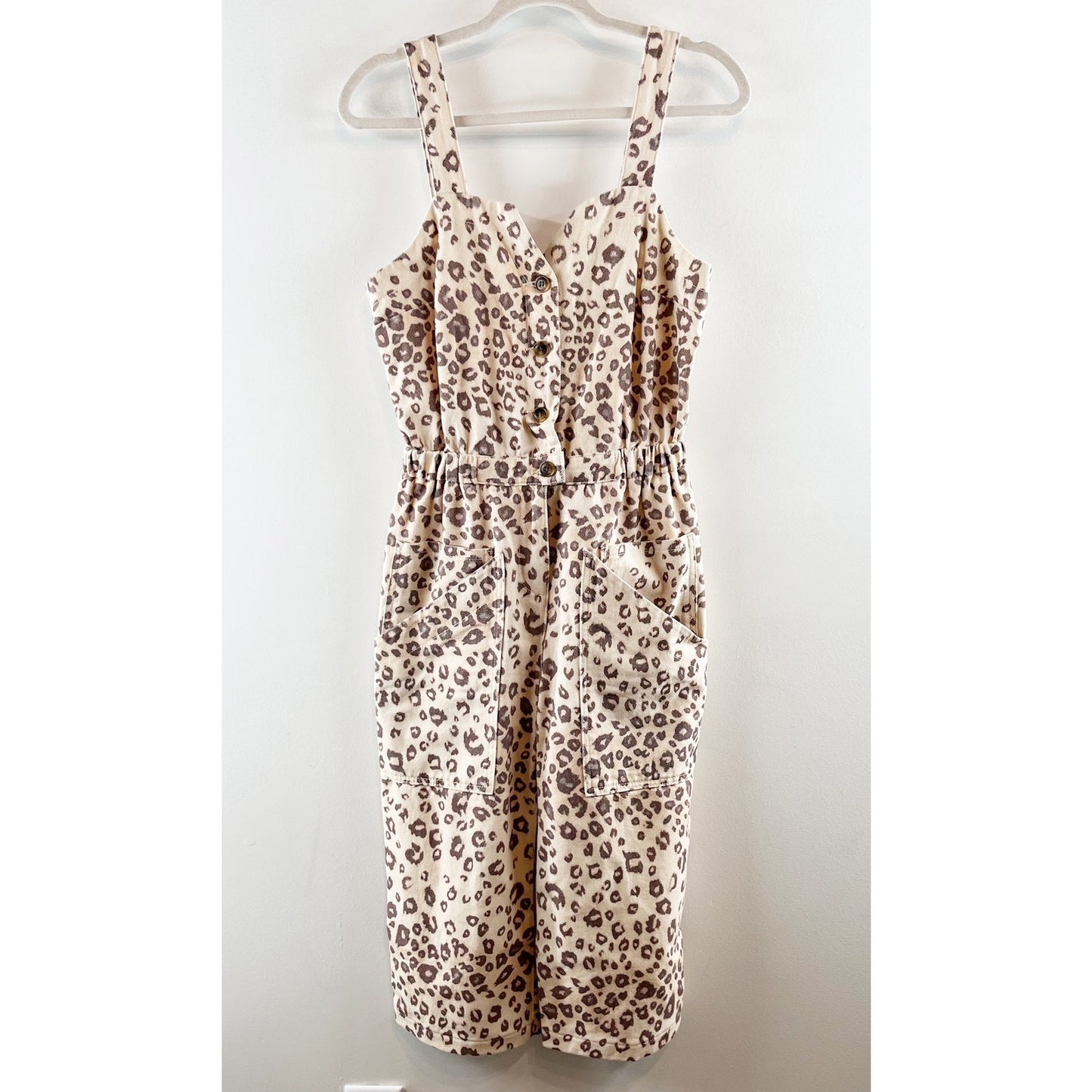 Anthropologie Current Air Sweetheart Neckline Piper Utility Jumpsuit Leopard Tan