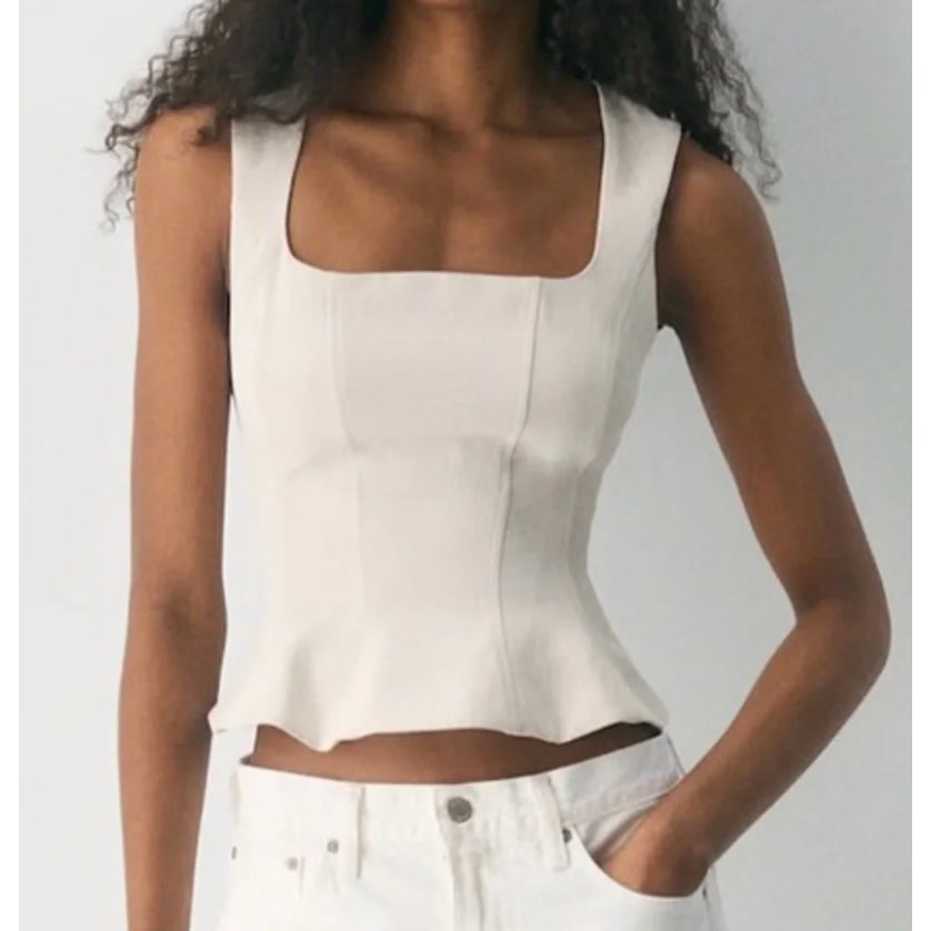Aritzia Rhodora Crepette Peplum Bustier Tank Top Cream Tan Small