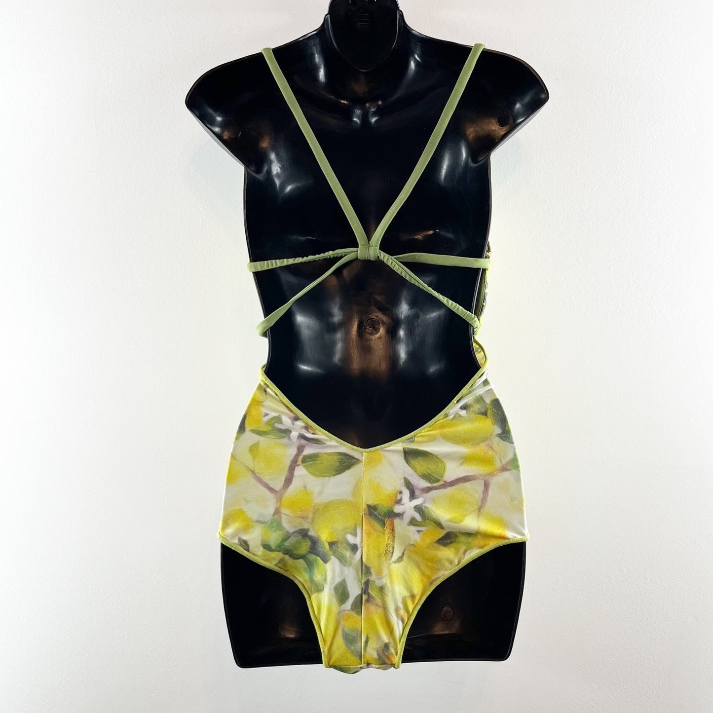 Lemon Print Cutout Strappy Back One Piece Swimsuit Yellow M / L