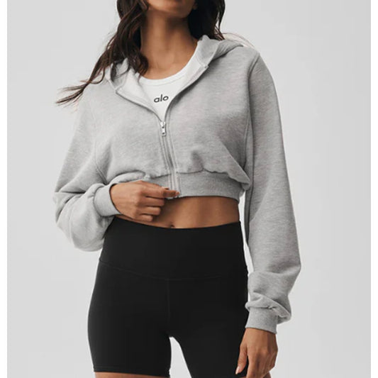 Alo Sweet Escape Full Zip Up Cropped Hoodie Sweatshirt Athletic Heather Gray XS