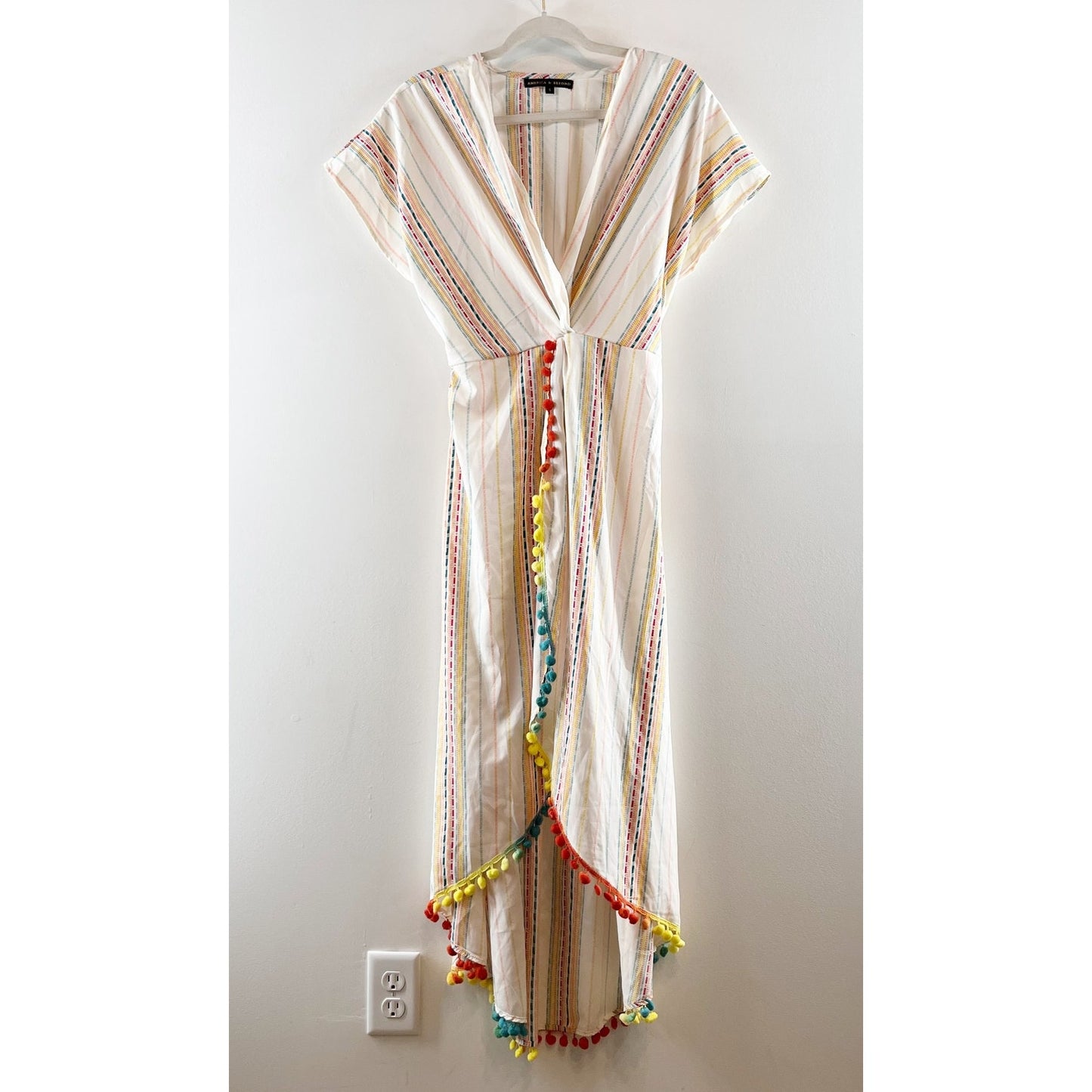 America & Beyond Short Sleeve Midi Striped Tassel Rainbow Cover Up White Small