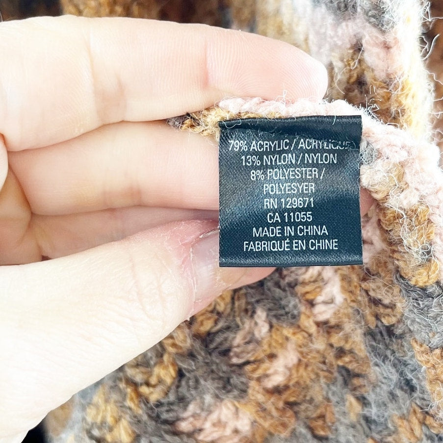 Skull Cashmere Open Striped Chunky Duster Cardigan Sweater Brown Pink Medium