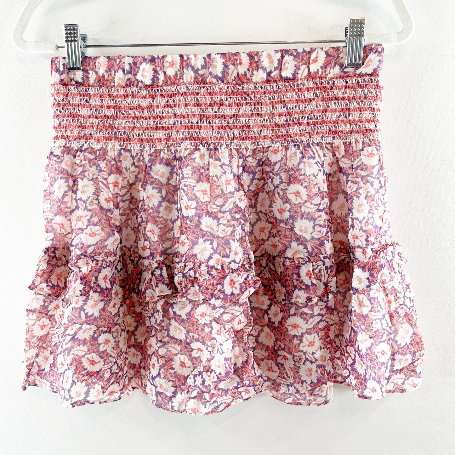 Rebecca Minkoff Tiered Floral Smocked Waist Mini Skirt Pink XS