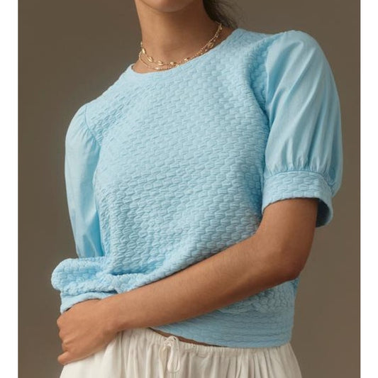 Porridge Antropologie Textured Short Puff Sleeve Top Blouse Light Blue XL