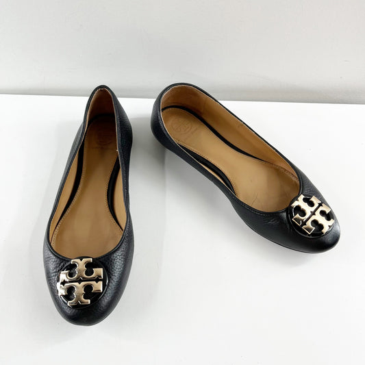 Tory Burch Claire Leather Gold Logo Ballet Flats Black 6.5