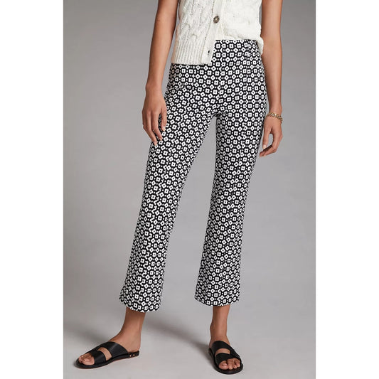 Maeve Anthropologie Kick Flare Daisy Printed Pull On Pants Black White Small