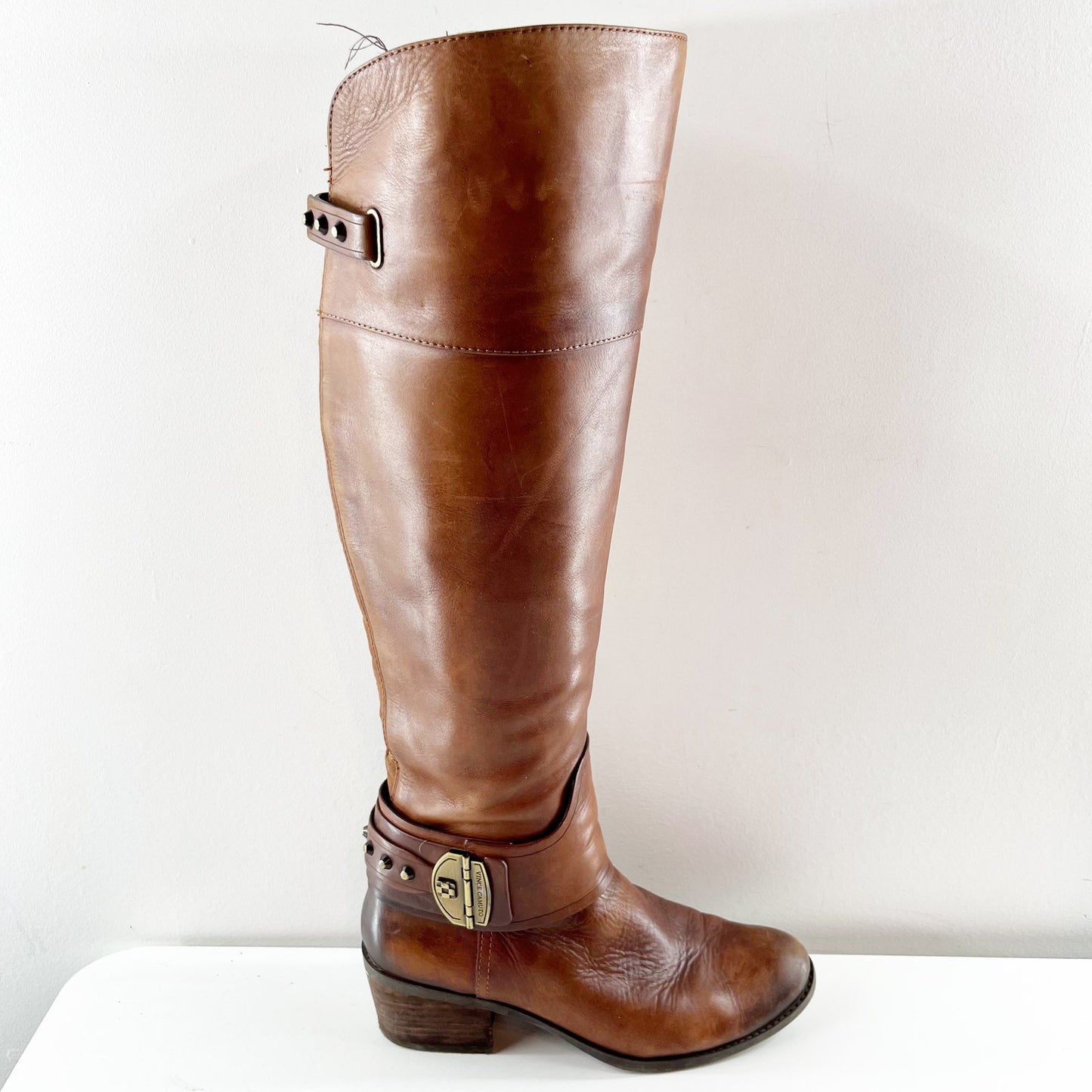 Vince Camuto Leather Beatrix Block Stacked Heel Knee High Riding Boots Brown 7.5