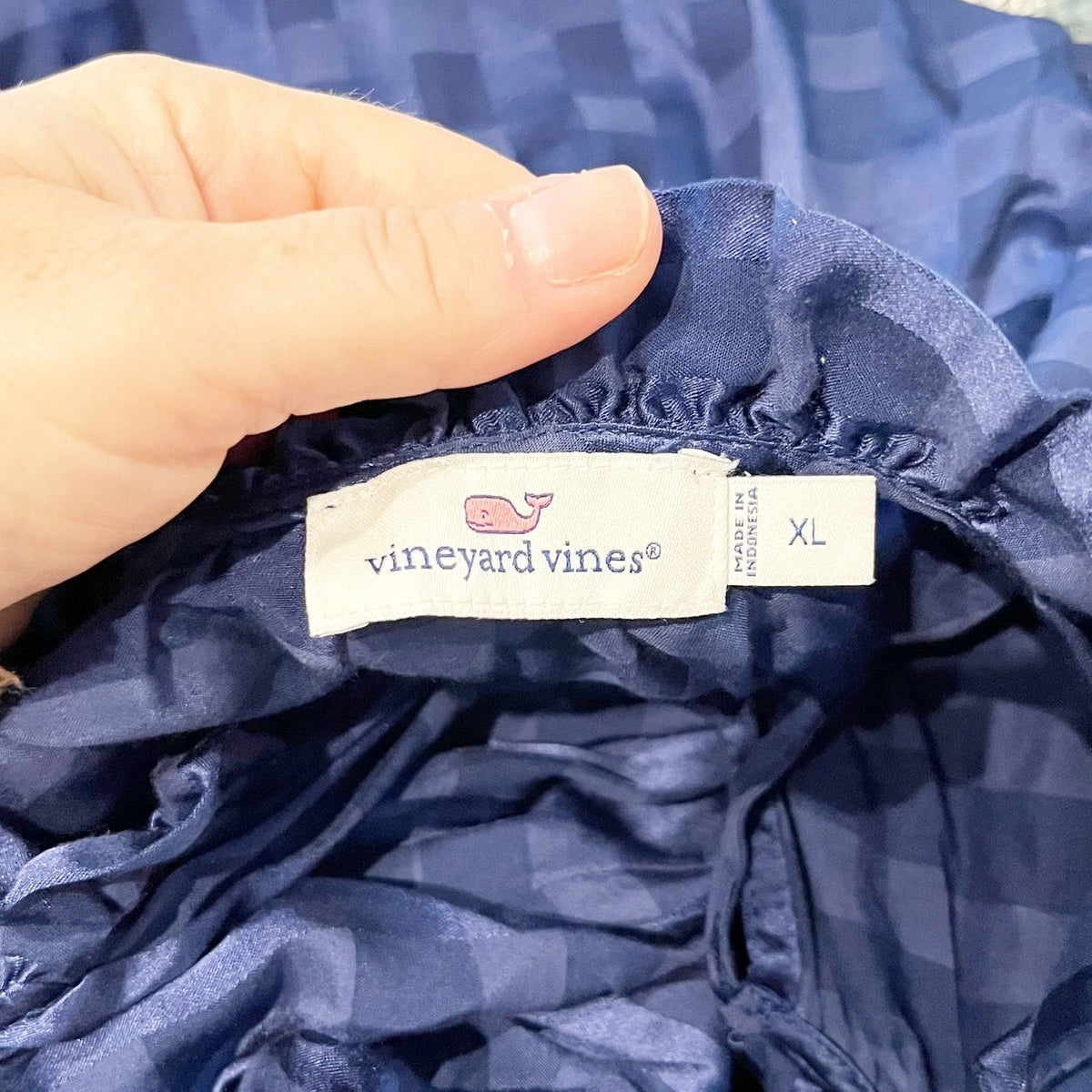 Vineyard Vines Gingham Checkered Long Sleeve Silk Blend Blouse Blue XL