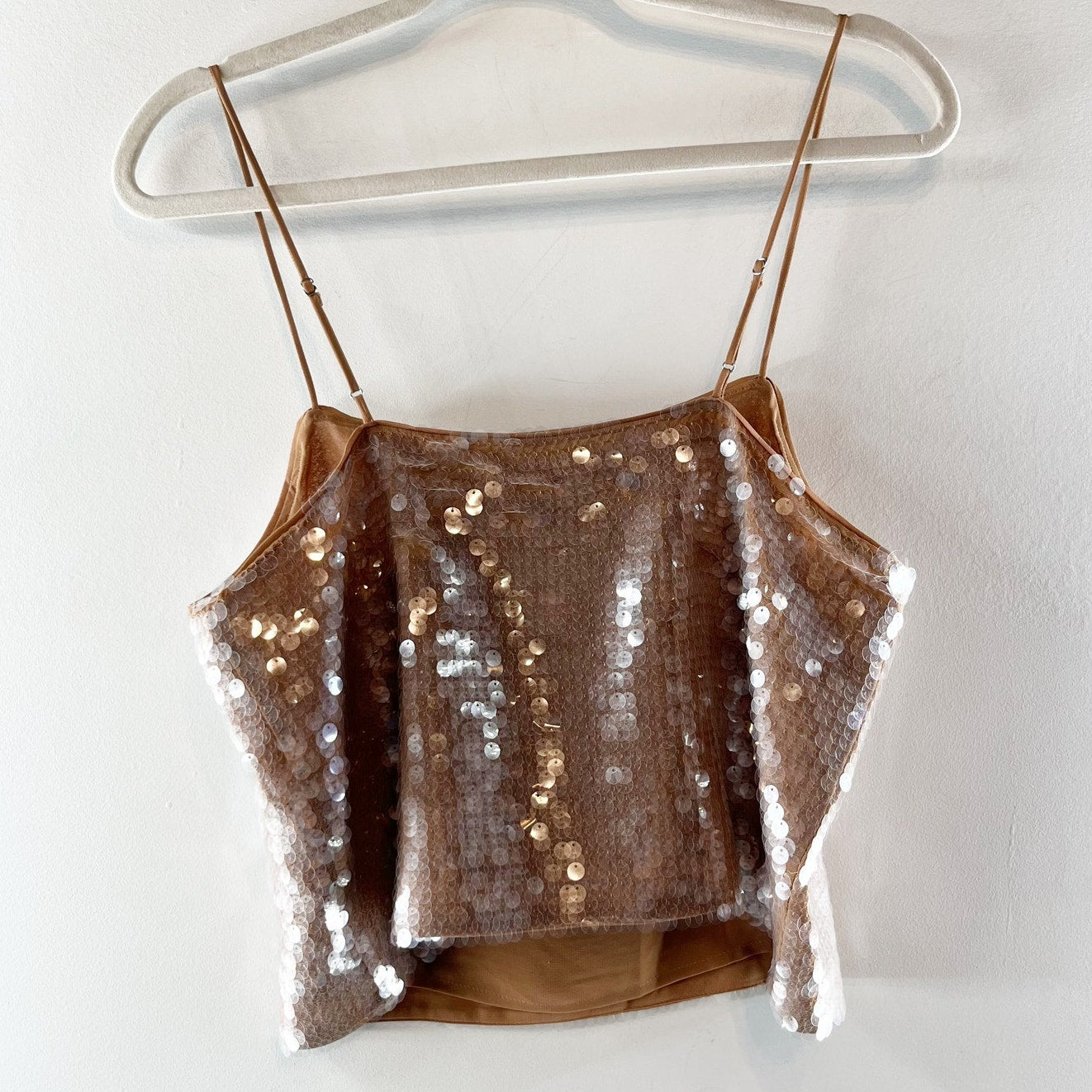 Madewell Sequin Square Neck Cropped Boxy Cami Tank Top Fallen Timber Gold Medium