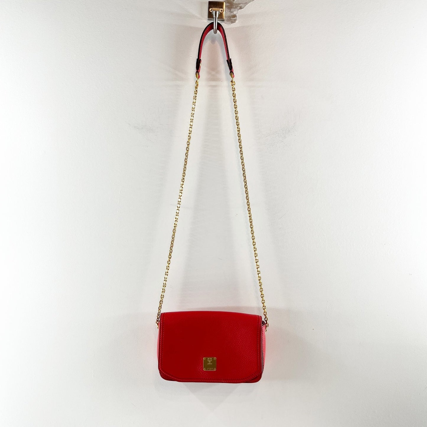 MCM Square Leather Crossbody Bag Gold Chain Flap Closure Red Gold