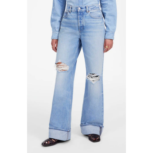Madewell Low Slung Baggy Distressed Cuffed Wide Leg Jeans Hallstead Wash Blue 27