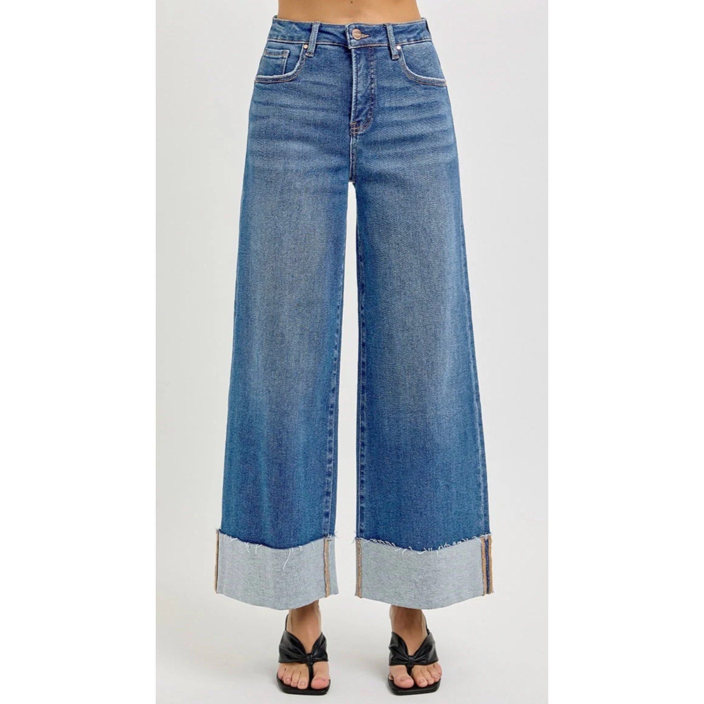 Risen Tummy Control High Rise Cuffed Wide Leg Jeans Blue 7 / 28