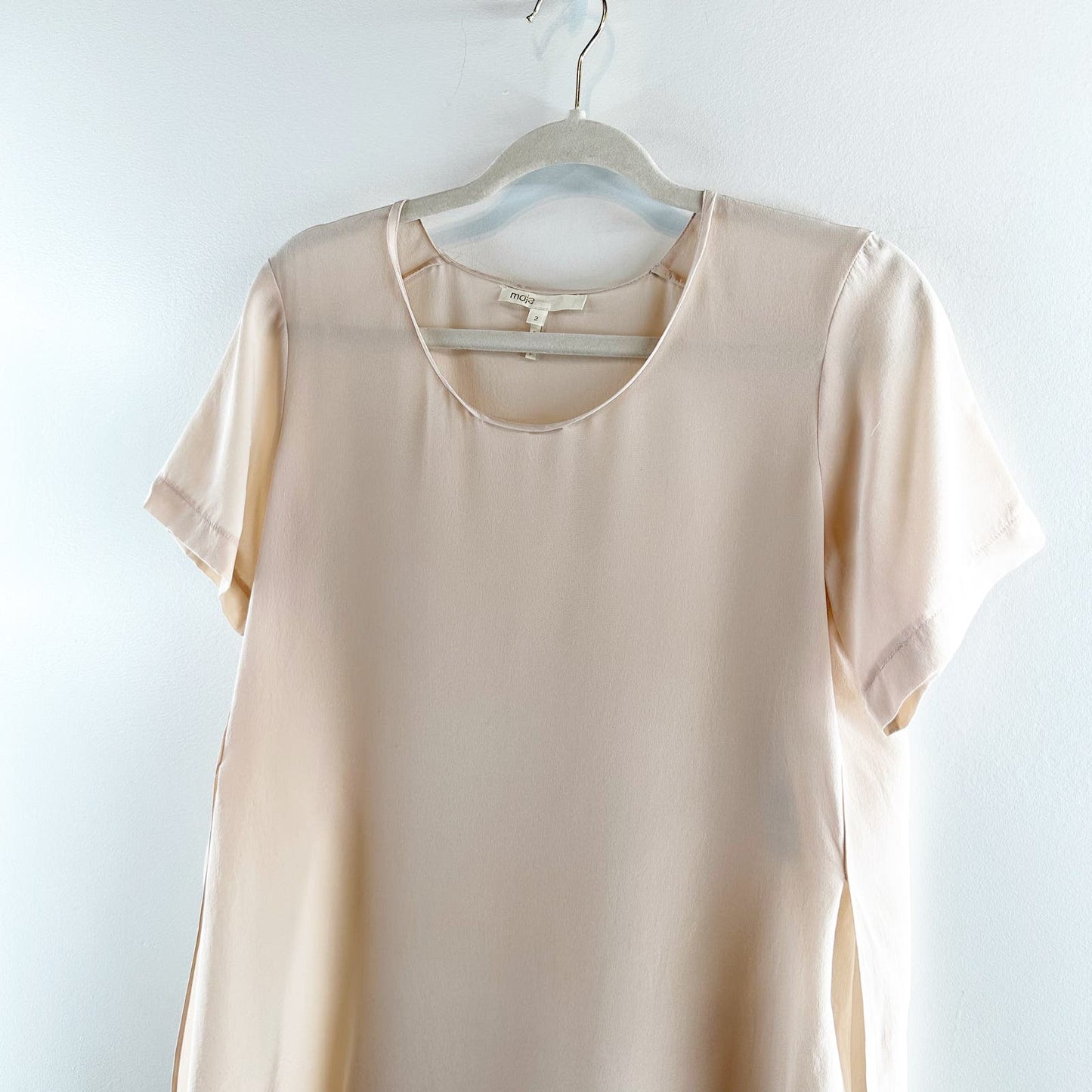 Maje 100% Silk Short Sleeve Split Slit Hem Blouse Shirt Top Pink 2