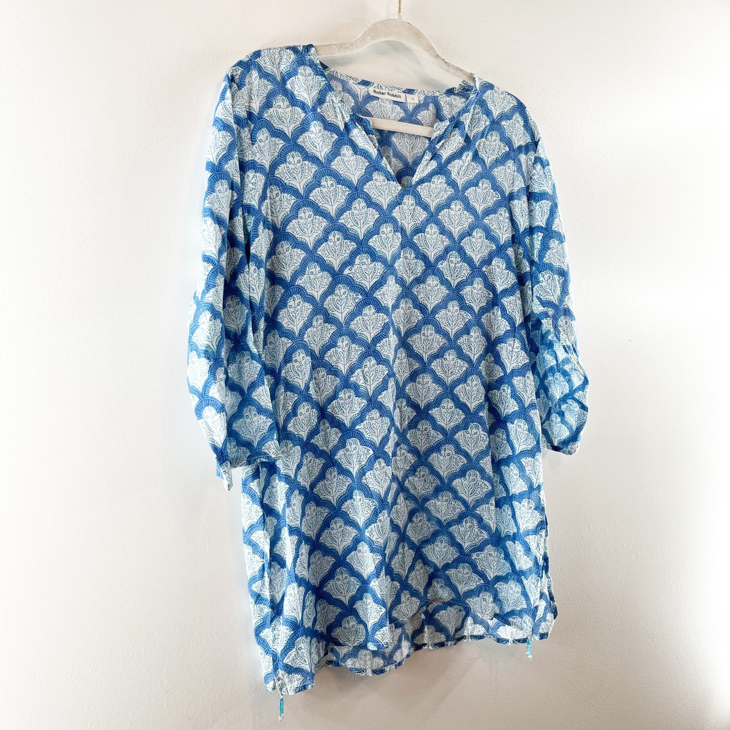 Roller Rabbit Jemina Kurta 3/4 Sleeve Split Neck Tunic Top Blue White Medium