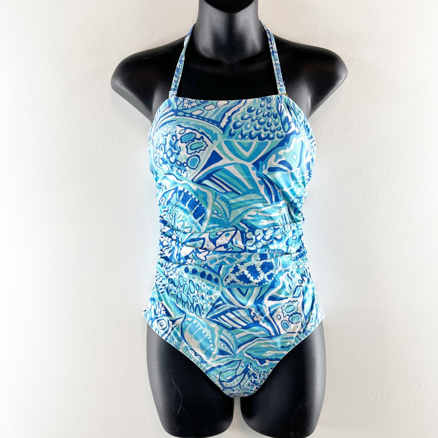Helen Jon Removable Halter Strapless One Piece Ruched Bathing Suit Blue Grotto
