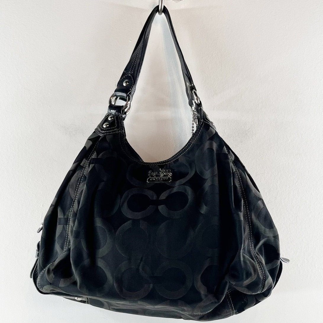 Coach Madison Op Art Maggie Signature Logo Hobo Purse Bag Black