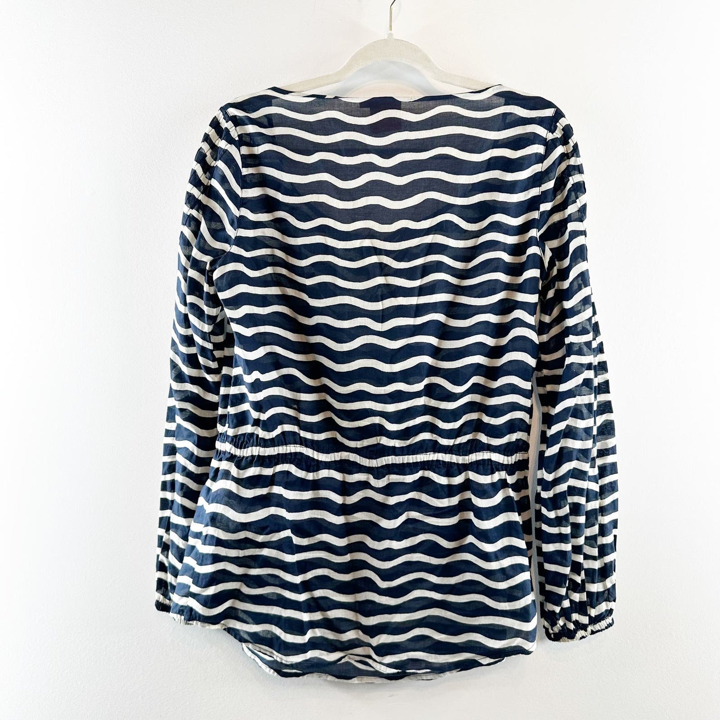 Tory Burch Cotton Striped Waves Long Sleeve Cotton Blouse Navy Blue 8
